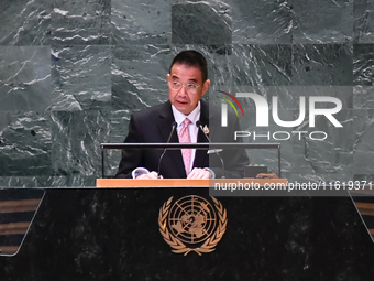 Thailand's Minister of Foreign Affairs, Maris Sangiampongsa, delivers his statement outlining Thailand's determination for people-centered,...