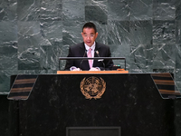 Thailand's Minister of Foreign Affairs, Maris Sangiampongsa, delivers his statement outlining Thailand's determination for people-centered,...