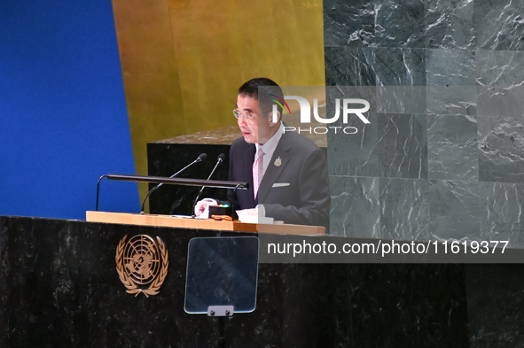 Thailand's Minister of Foreign Affairs, Maris Sangiampongsa, delivers his statement outlining Thailand's determination for people-centered,...