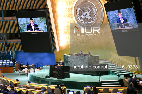 Thailand's Minister of Foreign Affairs, Maris Sangiampongsa, delivers his statement outlining Thailand's determination for people-centered,...