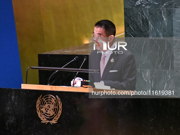 Thailand's Minister of Foreign Affairs, Maris Sangiampongsa, delivers his statement outlining Thailand's determination for people-centered,...