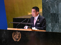 Thailand's Minister of Foreign Affairs, Maris Sangiampongsa, delivers his statement outlining Thailand's determination for people-centered,...