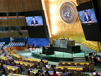 Thailand's Minister of Foreign Affairs, Maris Sangiampongsa, delivers his statement outlining Thailand's determination for people-centered,...