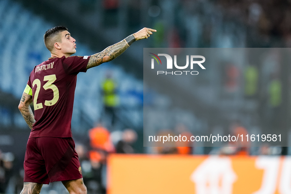 Gianluca Mancini of AS Roma gestures during the UEFA Europa League 2024/25 League Phase MD1 match between AS Roma and Athletic Club at Stadi...