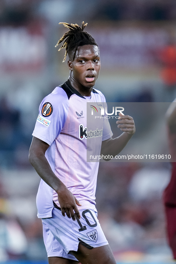 Nico Williams of Athletic Club looks on during the UEFA Europa League 2024/25 League Phase MD1 match between AS Roma and Athletic Club at St...