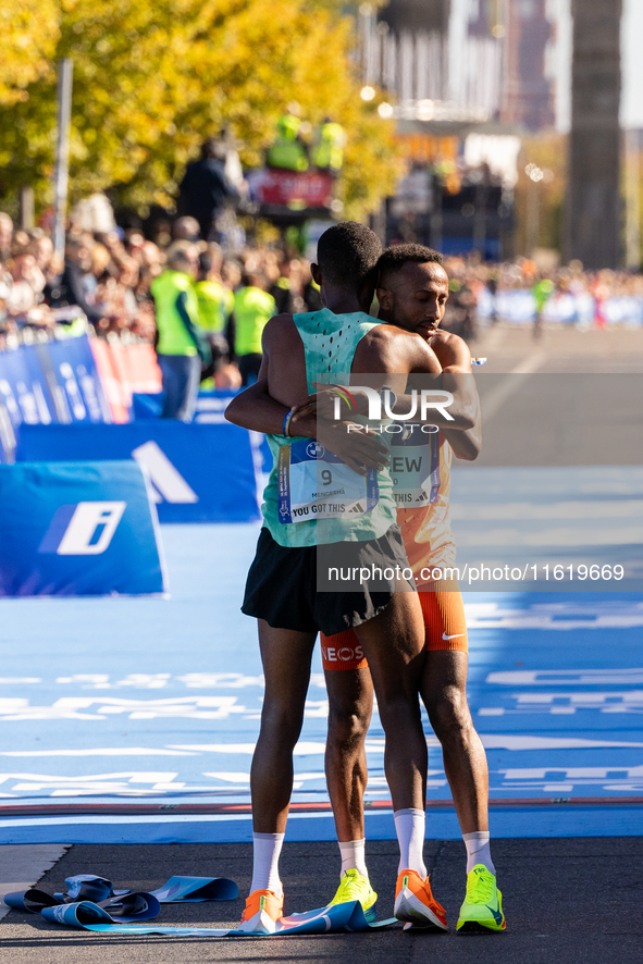 Milkesa Mengesha of Ethiopia wins the 50th Berlin Marathon in Berlin, Germany, on September 29, 2024, with a time of 2:03:17, followed by Cy...