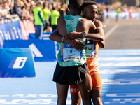 Milkesa Mengesha of Ethiopia wins the 50th Berlin Marathon in Berlin, Germany, on September 29, 2024, with a time of 2:03:17, followed by Cy...