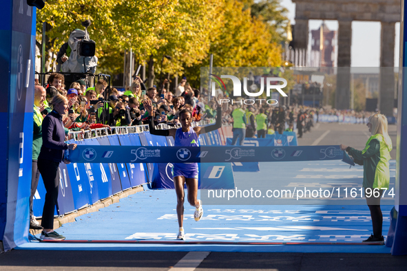 Tigist Ketema of Ethiopia wins the women's race at the 50th Berlin Marathon in Berlin, Germany, on September 29, 2024, with a time of 2:16:4...