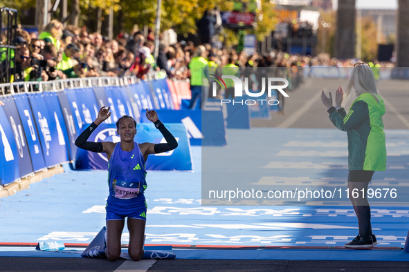 Tigist Ketema of Ethiopia wins the women's race at the 50th Berlin Marathon in Berlin, Germany, on September 29, 2024, with a time of 2:16:4...