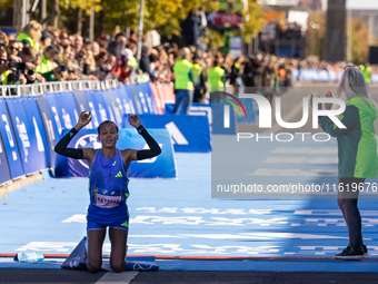 Tigist Ketema of Ethiopia wins the women's race at the 50th Berlin Marathon in Berlin, Germany, on September 29, 2024, with a time of 2:16:4...