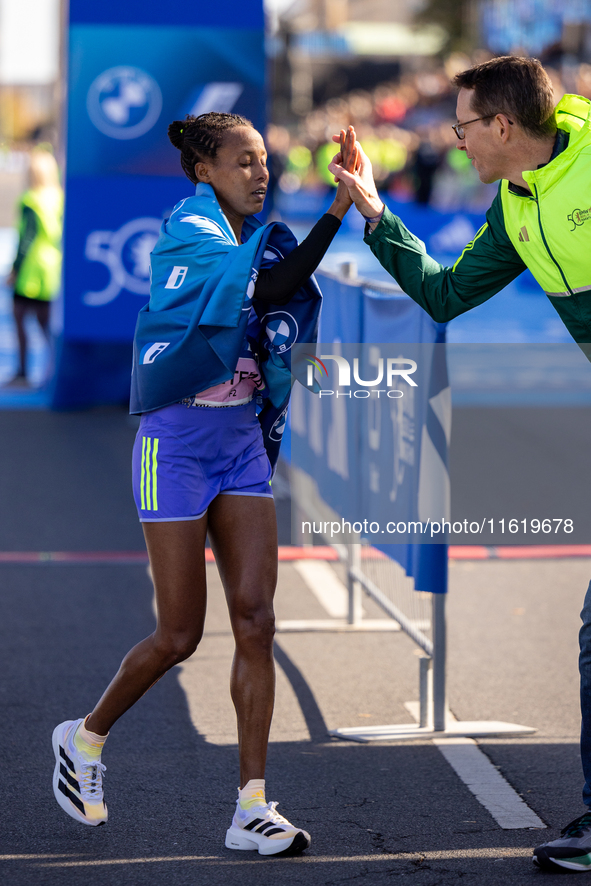 Tigist Ketema of Ethiopia wins the women's race at the 50th Berlin Marathon in Berlin, Germany, on September 29, 2024, with a time of 2:16:4...