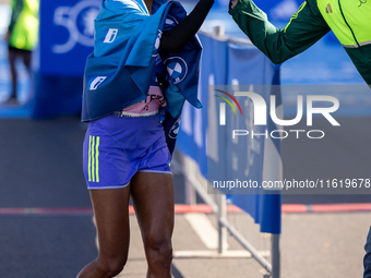 Tigist Ketema of Ethiopia wins the women's race at the 50th Berlin Marathon in Berlin, Germany, on September 29, 2024, with a time of 2:16:4...