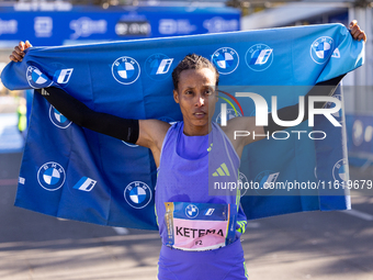 Tigist Ketema of Ethiopia wins the women's race at the 50th Berlin Marathon in Berlin, Germany, on September 29, 2024, with a time of 2:16:4...