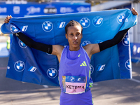 Tigist Ketema of Ethiopia wins the women's race at the 50th Berlin Marathon in Berlin, Germany, on September 29, 2024, with a time of 2:16:4...