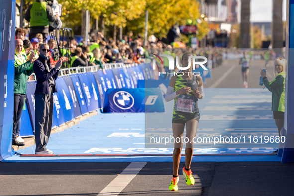 Mestawot Fikir of Ethiopia secures second place at the Berlin Marathon in Berlin, Germany, on September 29, 2024. Tigist Ketema of Ethiopia...