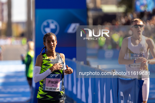 Mestawot Fikir of Ethiopia secures second place at the Berlin Marathon in Berlin, Germany, on September 29, 2024. Tigist Ketema of Ethiopia...