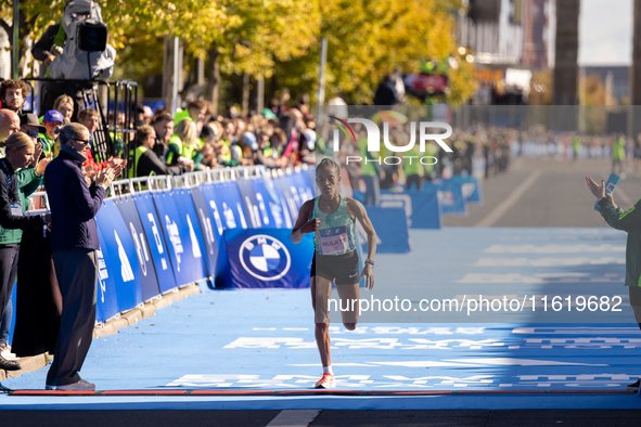 Bosena Mulatie of Ethiopia finishes third at the Berlin Marathon in Berlin, Germany, on September 29, 2024. Tigist Ketema of Ethiopia wins,...