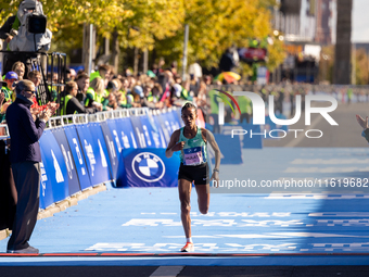 Bosena Mulatie of Ethiopia finishes third at the Berlin Marathon in Berlin, Germany, on September 29, 2024. Tigist Ketema of Ethiopia wins,...