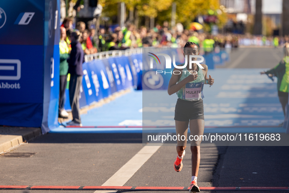 Bosena Mulatie of Ethiopia finishes third at the Berlin Marathon in Berlin, Germany, on September 29, 2024. Tigist Ketema of Ethiopia wins,...