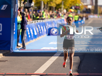 Bosena Mulatie of Ethiopia finishes third at the Berlin Marathon in Berlin, Germany, on September 29, 2024. Tigist Ketema of Ethiopia wins,...