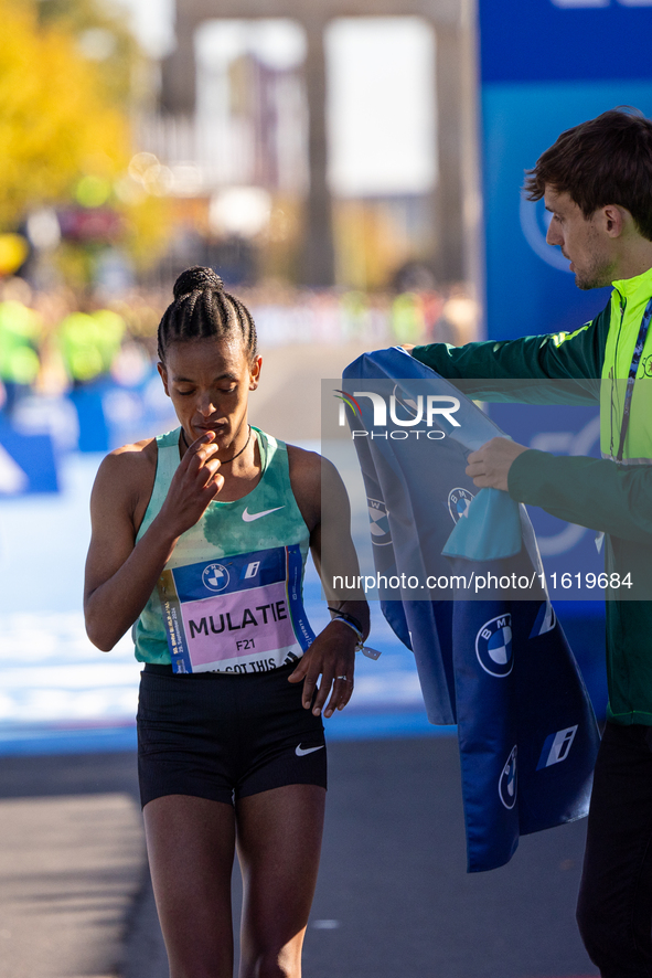 Bosena Mulatie of Ethiopia finishes third at the Berlin Marathon in Berlin, Germany, on September 29, 2024. Tigist Ketema of Ethiopia wins,...