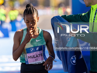 Bosena Mulatie of Ethiopia finishes third at the Berlin Marathon in Berlin, Germany, on September 29, 2024. Tigist Ketema of Ethiopia wins,...