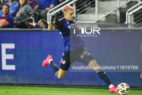 Cincinnati midfielder Luca Orellano moves the ball upfield during the Major League Soccer match between FC Cincinnati and Los Angeles FC at...