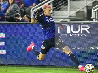 Cincinnati midfielder Luca Orellano moves the ball upfield during the Major League Soccer match between FC Cincinnati and Los Angeles FC at...