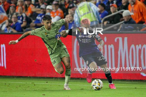 Cincinnati midfielder Luca Orellano moves the ball upfield during the Major League Soccer match between FC Cincinnati and Los Angeles FC at...