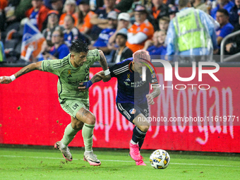 Cincinnati midfielder Luca Orellano moves the ball upfield during the Major League Soccer match between FC Cincinnati and Los Angeles FC at...