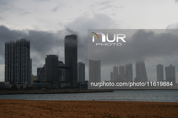 Dark clouds appear over the skyline in Colombo, Sri Lanka, on September 29, 2024. 