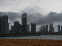 Dark clouds appear over the skyline in Colombo, Sri Lanka, on September 29, 2024. (