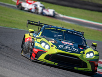 Derek DeBoer (USA), Casper Stevenson (GBR), and Valentin Hasse Clot (FRA) of the team Racing Spirit of Leman race an Aston Martin Vantage AM...