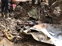 Personnel from Nepal's security agencies, the Nepal Army, Armed Police Force, and the Nepal Police recover a body from a landslide disaster...