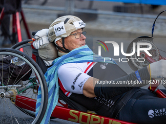 Participants of the Handbike category during the Berlin Marathon in Berlin, Germany, on September 29, 2024. The 50th Berlin Marathon brings...