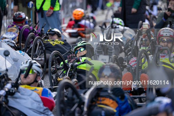 Participants of the Handbike category during the Berlin Marathon in Berlin, Germany, on September 29, 2024. The 50th Berlin Marathon brings...