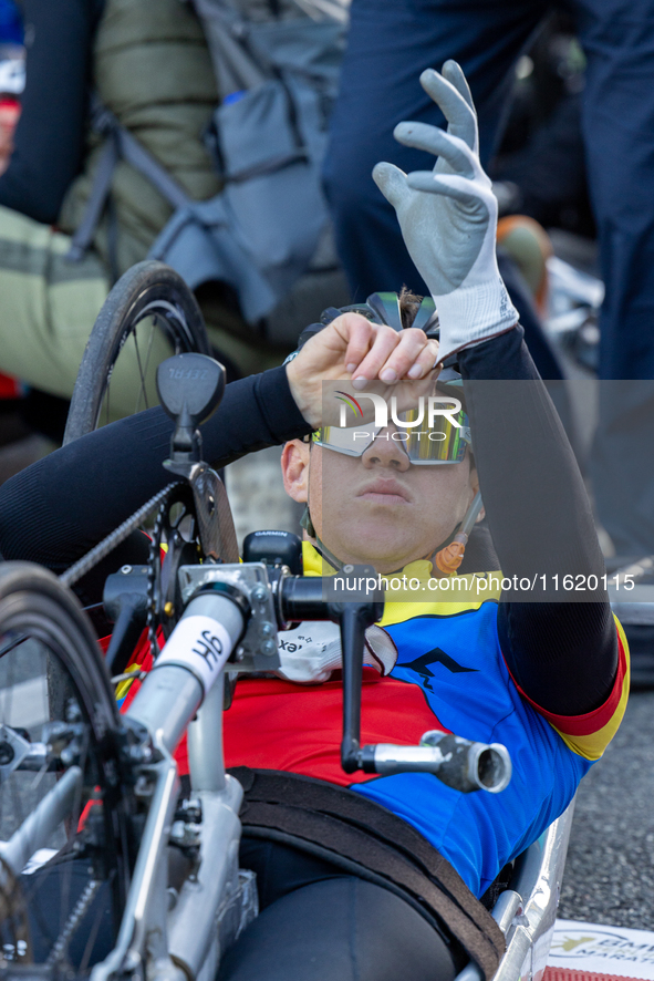 Participants of the Handbike category during the Berlin Marathon in Berlin, Germany, on September 29, 2024. The 50th Berlin Marathon brings...