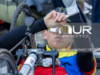 Participants of the Handbike category during the Berlin Marathon in Berlin, Germany, on September 29, 2024. The 50th Berlin Marathon brings...