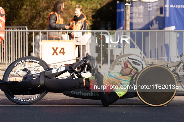 Participants of the Handbike category during the Berlin Marathon in Berlin, Germany, on September 29, 2024. The 50th Berlin Marathon brings...