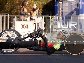 Participants of the Handbike category during the Berlin Marathon in Berlin, Germany, on September 29, 2024. The 50th Berlin Marathon brings...