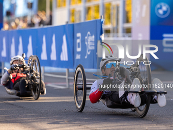 Participants of the Handbike category during the Berlin Marathon in Berlin, Germany, on September 29, 2024. The 50th Berlin Marathon brings...