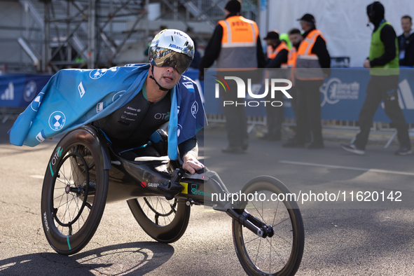 In Berlin, Germany, on September 29, 2024, Marcel Hug from Switzerland wins the marathon in the Wheelchair category. The 50th Berlin Maratho...