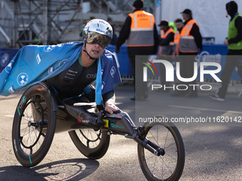 In Berlin, Germany, on September 29, 2024, Marcel Hug from Switzerland wins the marathon in the Wheelchair category. The 50th Berlin Maratho...