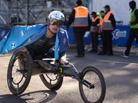 In Berlin, Germany, on September 29, 2024, Marcel Hug from Switzerland wins the marathon in the Wheelchair category. The 50th Berlin Maratho...