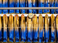 Volunteers organize medals to welcome the finishers of the Berlin Marathon in Berlin, Germany, on September 29, 2024. The 50th Berlin Marath...