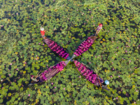 An aerial view shows farmers collecting water lilies in Satla Union, Uzirpur Upazila of Barisal city in Bangladesh on September 29, 2024. Wa...