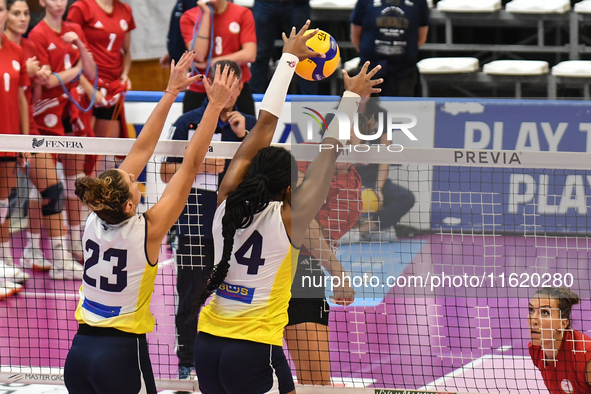 Leandra Olinga Andela of Pinerolo blocks the attack during the International Trophy ''Una squadra per un sorriso,'' Final 3rd-4th place matc...