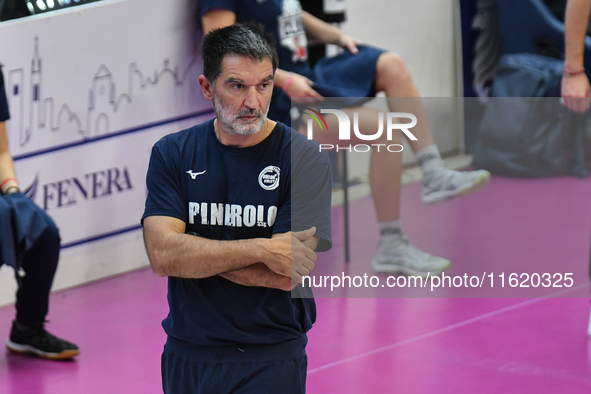 Michele Marchiaro coaches Pinerolo during the International Trophy ''Una squadra per un sorriso,'' Final 3rd-4th place match between Wash4gr...