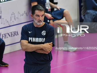 Michele Marchiaro coaches Pinerolo during the International Trophy ''Una squadra per un sorriso,'' Final 3rd-4th place match between Wash4gr...