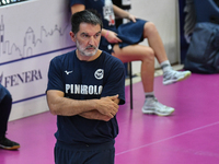 Michele Marchiaro coaches Pinerolo during the International Trophy ''Una squadra per un sorriso,'' Final 3rd-4th place match between Wash4gr...